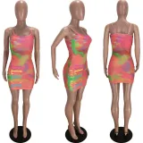 EVE Tie Dye Letter Print Spaghetti Strap Mini Dress LM-8150