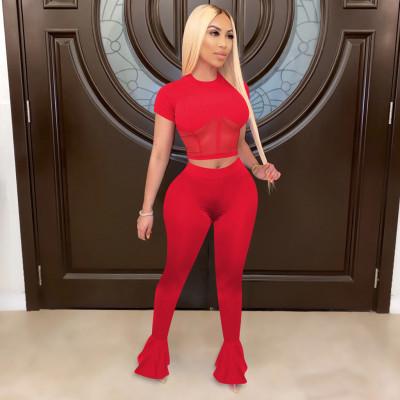 Solid Mesh Patchwork Flared Pants 2 Piece Sets TE-4026