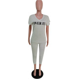 EVE Letter Print V Neck T Shirt Ankle Lengtjh Pants Sets MEM-8280