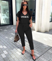 EVE Letter Print V Neck T Shirt Ankle Lengtjh Pants Sets MEM-8280