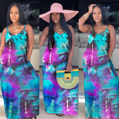 EVE Fashion Casual Tie-dye Suspender Maxi Dress MX-1099