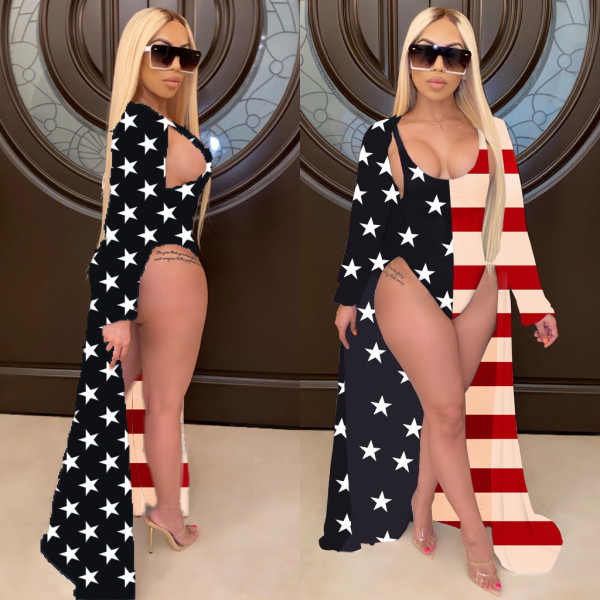 EVE America Flag Print One Piece Swimsuit +Long Cloak CHY-1234