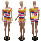 EVE Rainbow Stripe V Neck Sashes One Piece Rompers MAE-2040