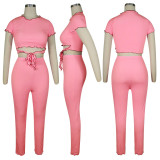 Solid Short Sleeve Two Piece Pants Suit TE-4035