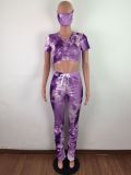 Tie Dye Short Sleeve Stacked Pants 2 Piece Sets With Mask LA-3193