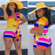 EVE Rainbow Stripe V Neck Sashes One Piece Rompers MAE-2040
