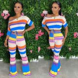 EVE Colorful Stripe Oblique Collar Two Piece Pants Set FNN-8506