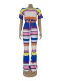 EVE Colorful Stripe Oblique Collar Two Piece Pants Set FNN-8506