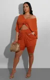 Solid Half Sleeve Pleated Two Piece Shorts Set WY-6688