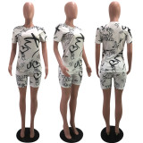 EVE Plus Size Letter Print Short Sleeve Two Piece Shorts Set OY-6198