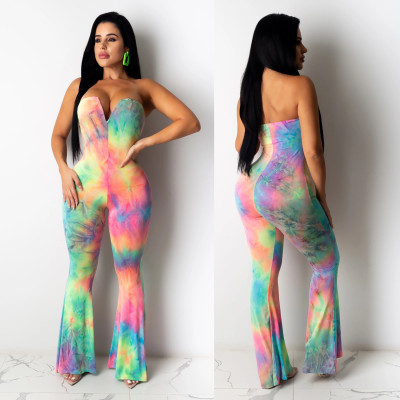 EVE Sexy Tie Dye Strapless Boot Cut Jumpsuits CHY-1231