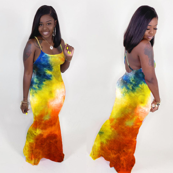 EVE Plus Size 4XL Tie Dye Print Backless Maxi Slip Dress YFS-3504