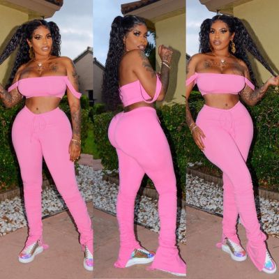 EVE Solid Crop Top Split Stacked Pants Sexy 2 Piece Sets YIM-8095