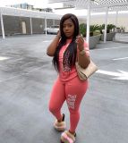 EVE Plus Size Pink Letter Print Short Sleeve Two Piece Pants Set YIM-8101-1
