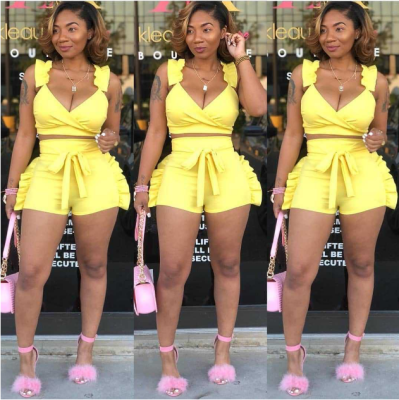 EVE 2019 Summer Solid Color Flounced Shorts Sets 2 Pieces MDF-5052