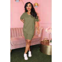 EVE Solid V Neck T Shirt Shorts Two Piece Sets XMY-9239