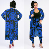 EVE Plus Size Printed Long Cloak+Pants Two Piece Suits XMY-9041