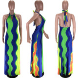 EVE Sexy Rainbow Stripe Halter Backless Maxi Dress MN-9255