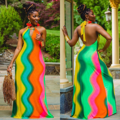 EVE Sexy Rainbow Stripe Halter Backless Maxi Dress MN-9255