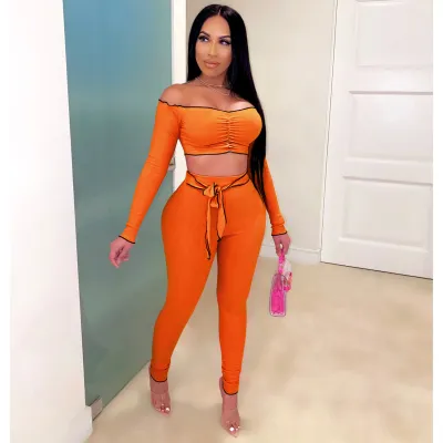 EVE Solid Slash Neck Crop Tops And Pants 2 Piece Sets ZSD-0300