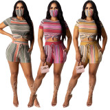 EVE Plus Size 4XL Striped T Shirt Shorts 2 Piece Sets Without Mask YIY-5196