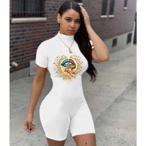 EVE Lips Print Short Sleeve Skinny White Rompers BLI-2078