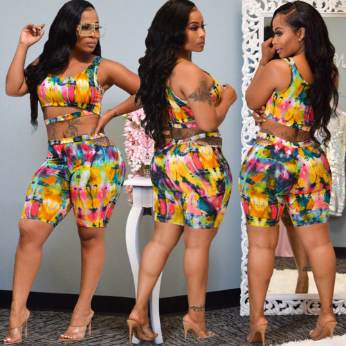 Wholesale Tie Dye Sleeveless Sexy Two Piece Shorts Set Arm 8196