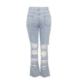 EVE Plus Size Denim Hole Inelastic Straight Long Jeans HSF-2062