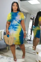 EVE Plus Size Tie Dye Print Short Sleeve Bodycon Dress FNN-8514