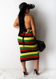 EVE Colorful Stripe Strappy Backless Midi Dress TR-1056