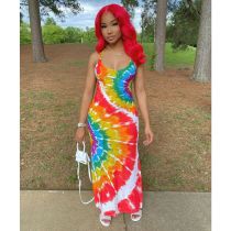 EVE Plus Size Fashion Rainbow Tie-dye Halter Strap Dress YFS-3531