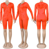 EVE Solid Hooded Zipper Long Sleeve 2 Piece Shorts Set SFY-137