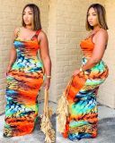 EVE Plus Size Sexy Print Colorful Sleeveless Long Dress MTY-6355-1