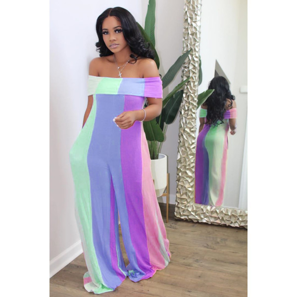 EVE Plus Size Fashion Sexy Off Shoulder Color Striped Print Jumpsuit YM-9222