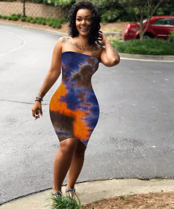 EVE Sexy Tie Dye Print Strapless Bodycon Tube Dress OM-1107