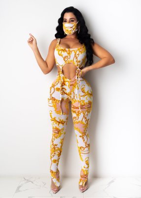 EVE Sexy Printed Sleeveless Lace Up 2 Piece Pants Set With Mask LSL-6363