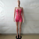 EVE Sexy PU Leather Strapless Lace Up Hollow Rompers BN-9064