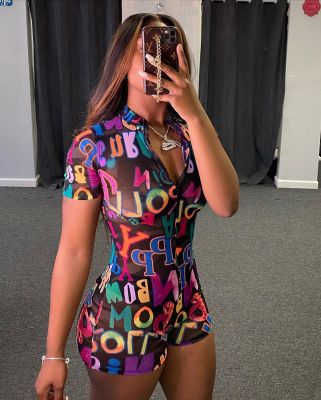 EVE Sexy Letter Print Zipper Bodycon Rompers MN-9258