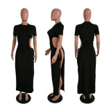 EVE Plus Size 4XL Black High SPlit Lace Up Maxi Dress SHE-7198