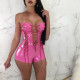 EVE Sexy PU Leather Strapless Lace Up Hollow Rompers BN-9064