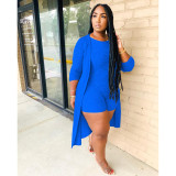 EVE Plus Size Solid Rib Sleeveless Romper+Long Cloak MDF-5153