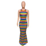 EVE Rainbow Stripe Sleeveless Slim Maxi Dress QZX-6144