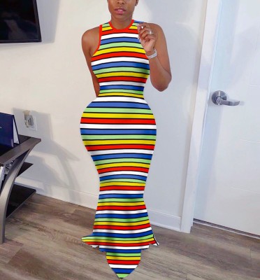 EVE Rainbow Stripe Sleeveless Slim Maxi Dress QZX-6144