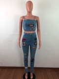 EVE Casual Sexy Cartoon Patch Spaghetti Straps Crop Top Jeans Pants Suit OSM-3283