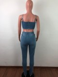 EVE Casual Sexy Cartoon Patch Spaghetti Straps Crop Top Jeans Pants Suit OSM-3283