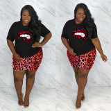 EVE Plus Size 5XL Leopard Lips Print Two Piece Shorts Set OSM2-4208