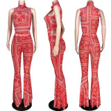 EVE Sexy Mesh Printed Bodysuit Flared Pants 2 Piece Sets ASL-6290