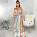 EVE Sexy Printed Strapless High Split Maxi Dress SMR-9655