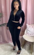 EVE Casual Velvet Hooded Zipper Two Piece Pants Suits FNN-8520