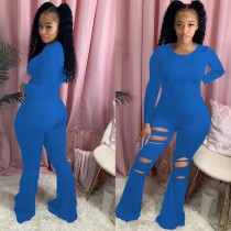 EVE Plus Size Solid Long Sleeve Hole Flared Jumpsuits WUM-873